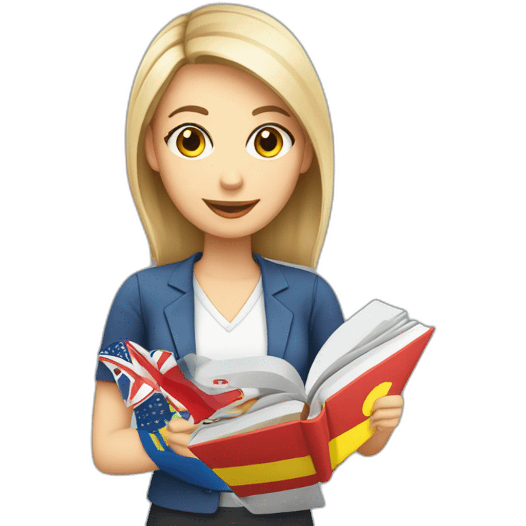 English teacher female with English book with Ukrainian flag  and usa flags emoji