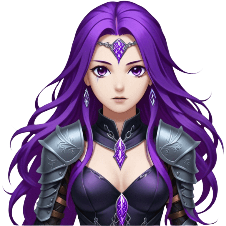 A mysterious warrior girl with long, flowing purple hair cascading down her back, strands catching the dim light like silk. Her piercing violet eyes glow. She wears sleek black armor, a perfect fusion of elegance and lethality, adorned with intricate silver engravings resembling ancient runes.  emoji