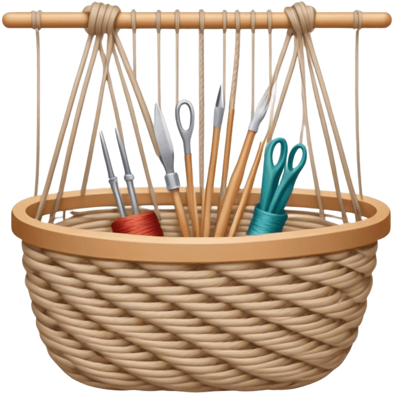 Weaving icon, various types of weaving such as basket weaving, macramé, and loom weaving, showing intertwined threads or ropes, weaving tools like shuttle, crochet hook, and loom, minimalistic style, clean lines, transparent background. emoji