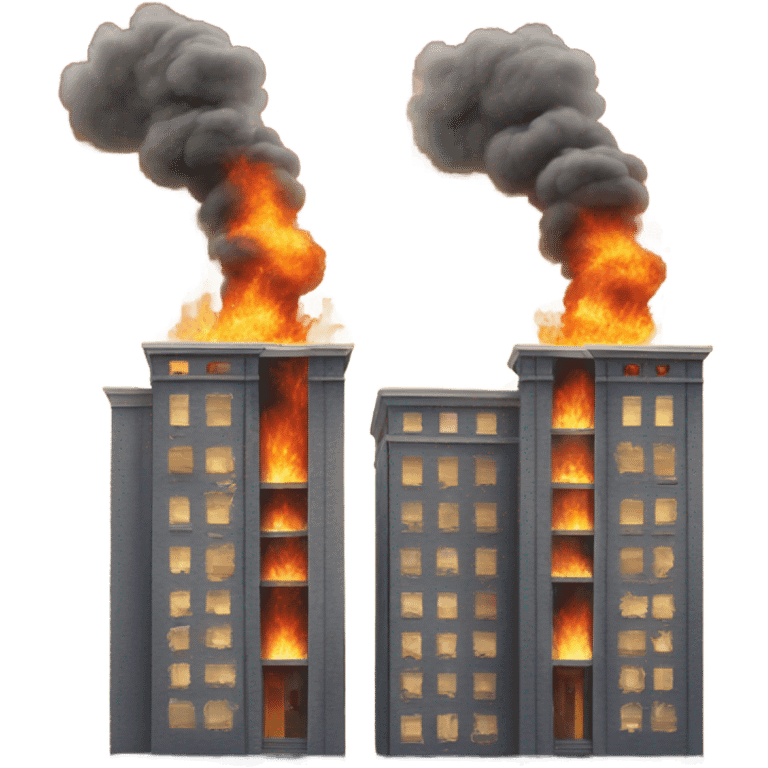 two identical buildings with one of the buildings on fire with smoke billowing out emoji