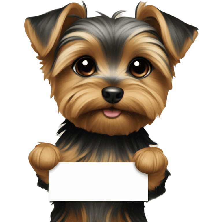 yorkie puppy, holding a poster wi emoji