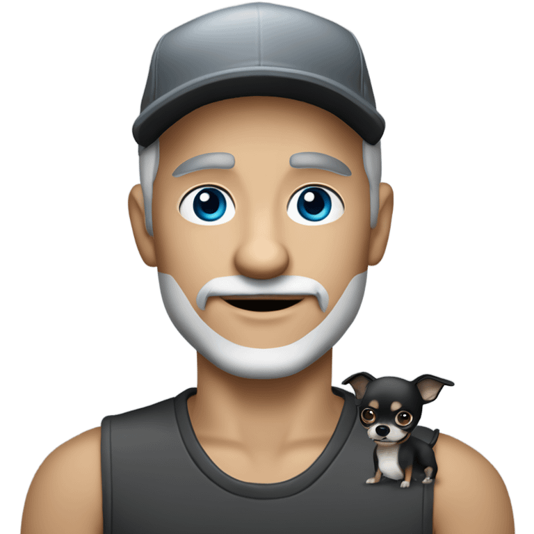 blue eyed man, with grey hair,  grey goatee, wearing ball cap, holding ‘a black long hair chihuahua’ emoji