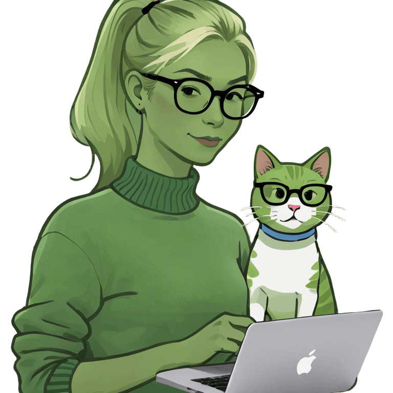 Blonde woman ponytail  with cat and MacBook  emoji