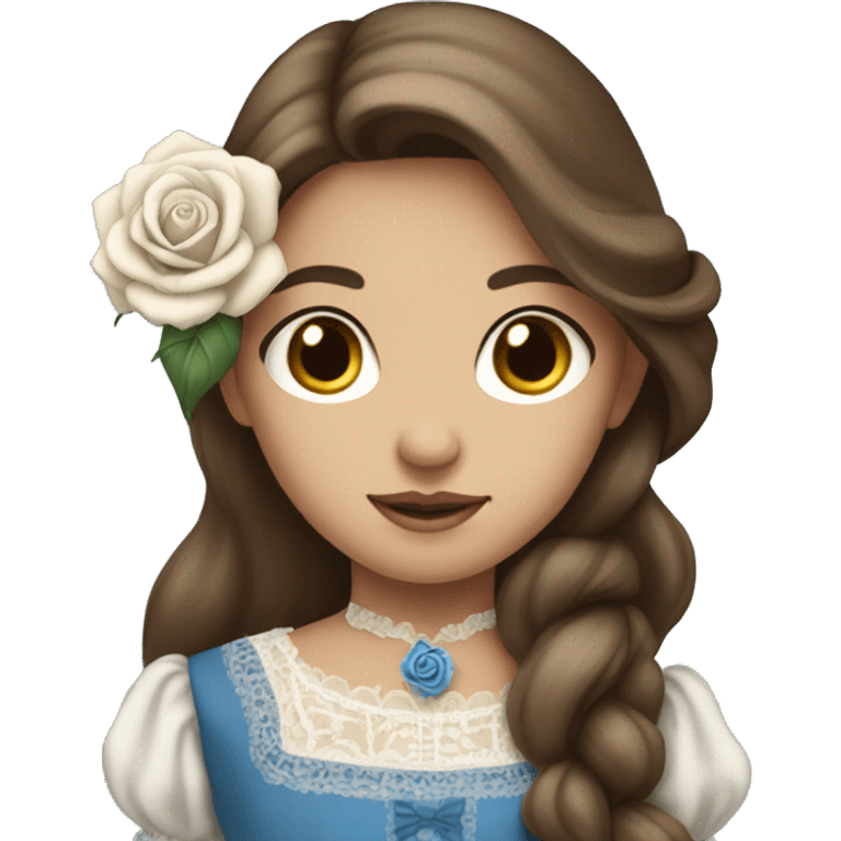 girl with long brown hair and blue Victorian dress holding a whit rose emoji