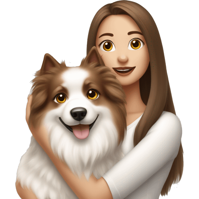 beautiful girl with brown hair with her cream white spitz dog emoji