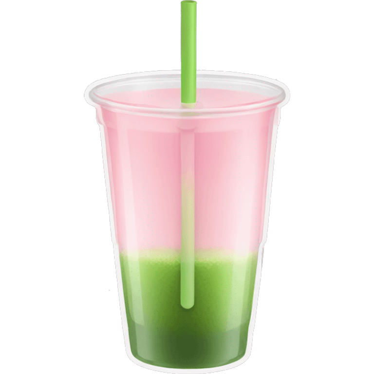 Clear cup. The bottom half of the cup has a light pink liquid, and the top half is matcha green. A transparent straw sticks out.  emoji