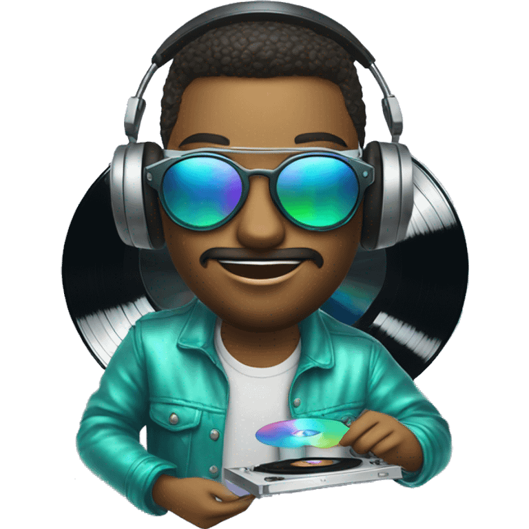 A dj wearing sunglasses playing music holding a cd record record, vinyl, oilslick holographic emoji