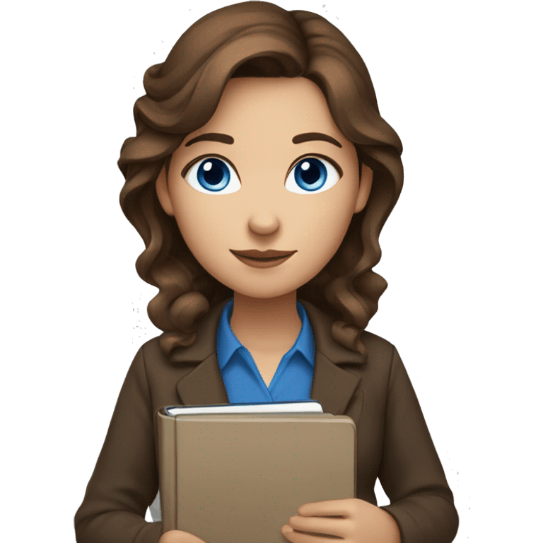 Women brown hair and with blue eyes and brown hair with a pen and a notebook in her hands emoji