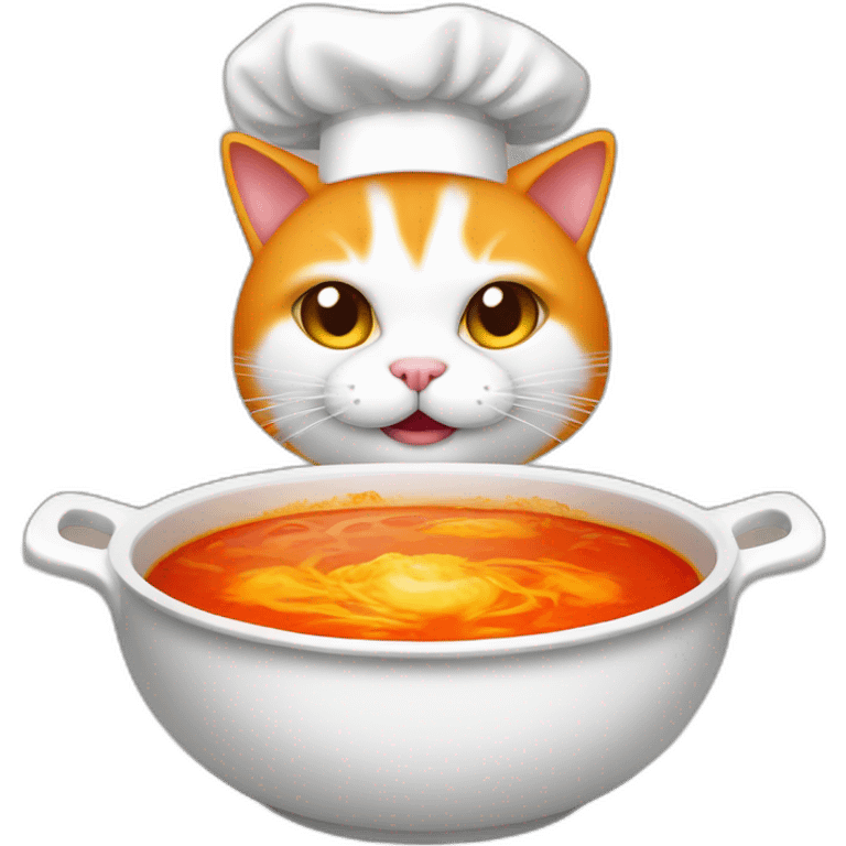 orange and white cat wearing chef hat cooking radioactive chili soup emoji