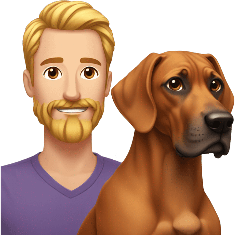 white man with long rainbow colored hair and twisted mustache next to a brown rhodesian ridgeback emoji