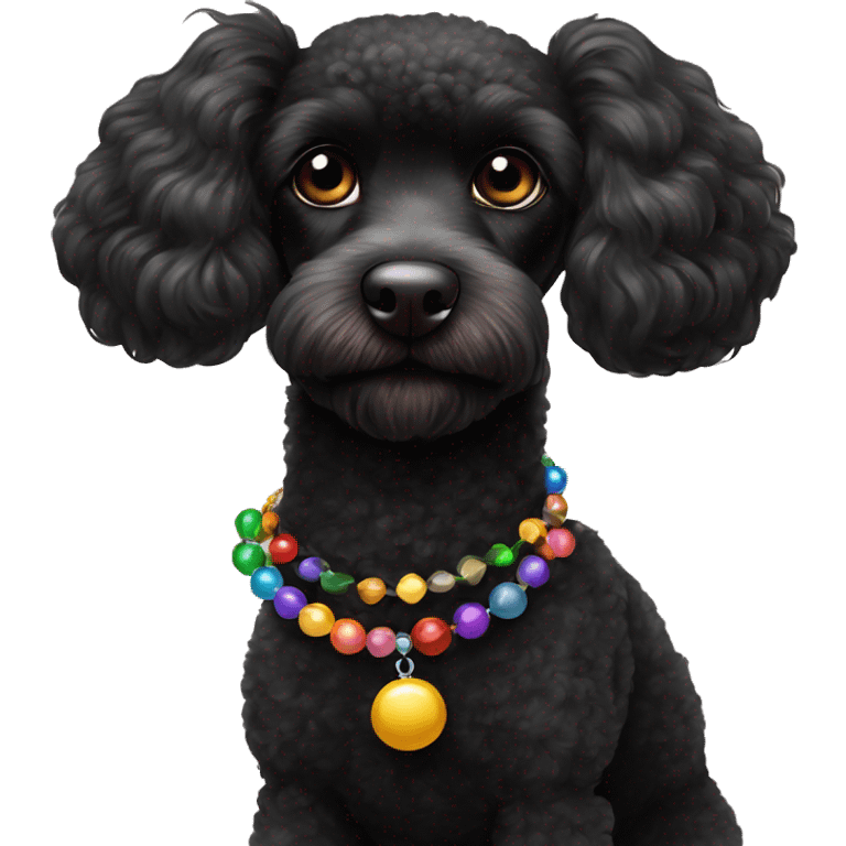 One Small Black Poodle with one  colorful bead necklaces with brown harness emoji