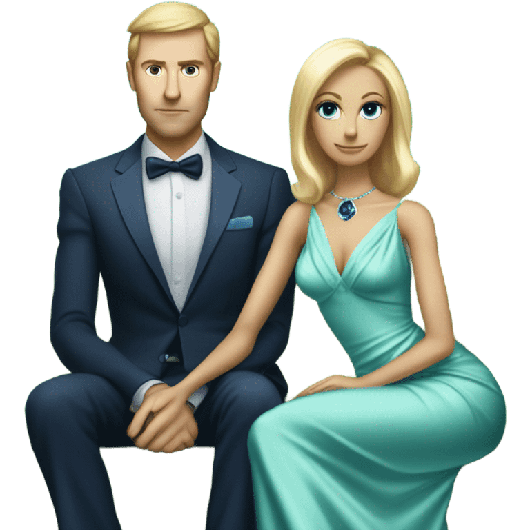 light green skin alien blonde woman in long slim pastel blue formal party satin dress with gradient shiny sparkling navy blue diamonds embroidered , and caucasian man in black dress, sitting on a white couch  emoji