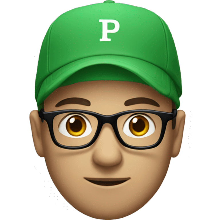 A man wearing a green cap with 'P' on it and black glasses, white skin emoji