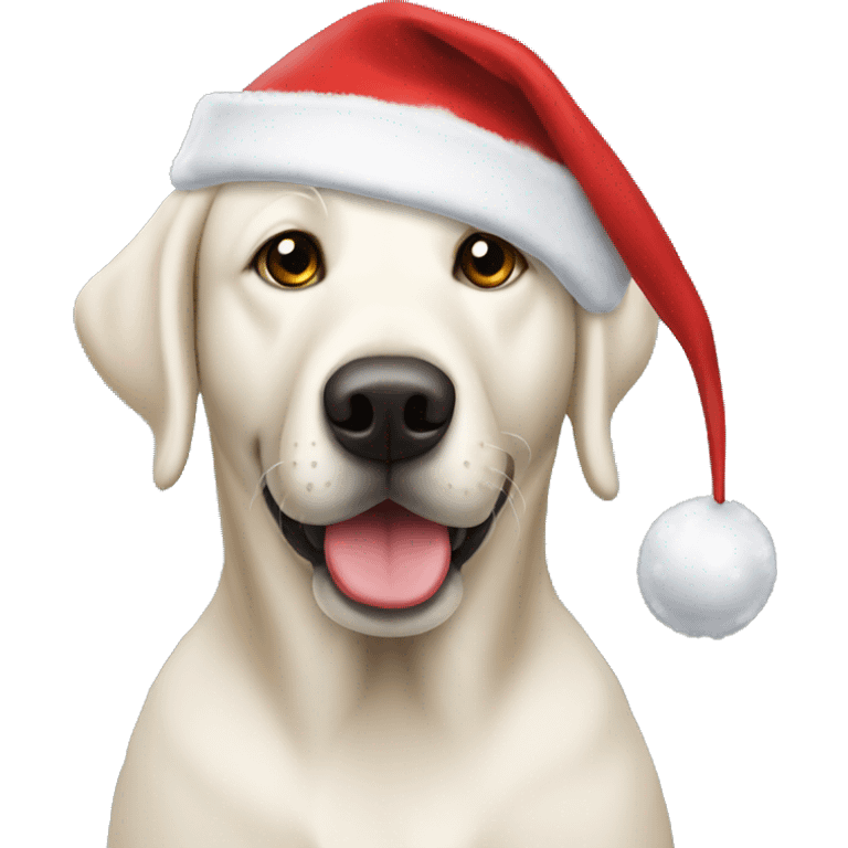 White lab wearing a Christmas hat emoji