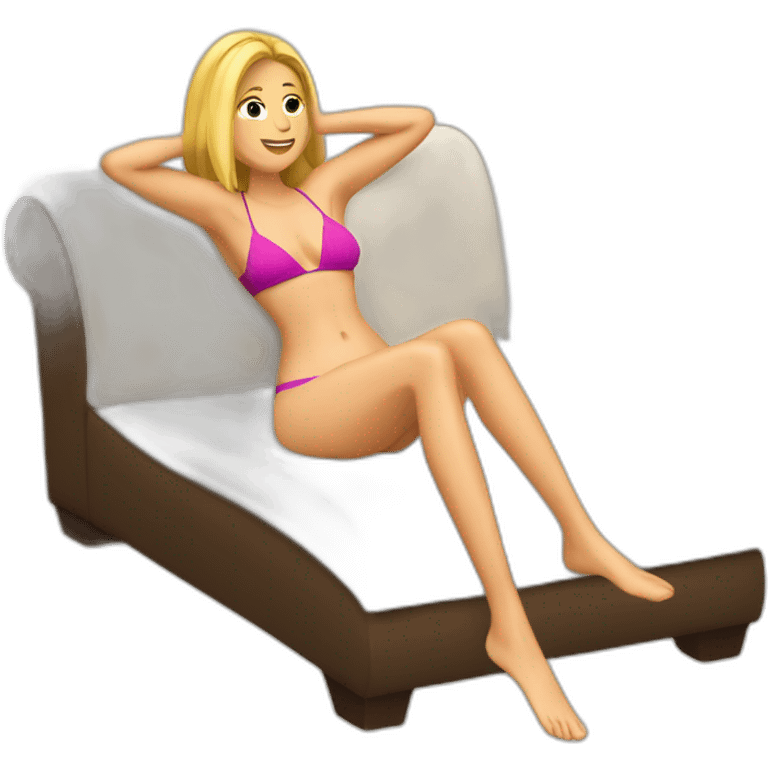 Soft-fit Caucasian woman bikini abs (hands-in-hair pose) (full body) couch emoji