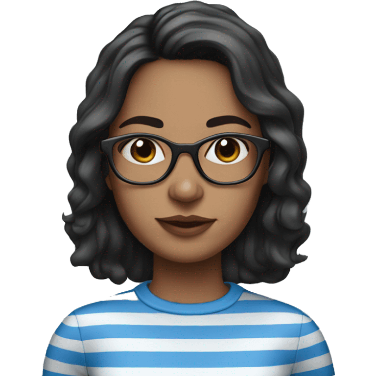 Woman with long dark brown hair, glasses, freckles and a blue and white striped shirt emoji