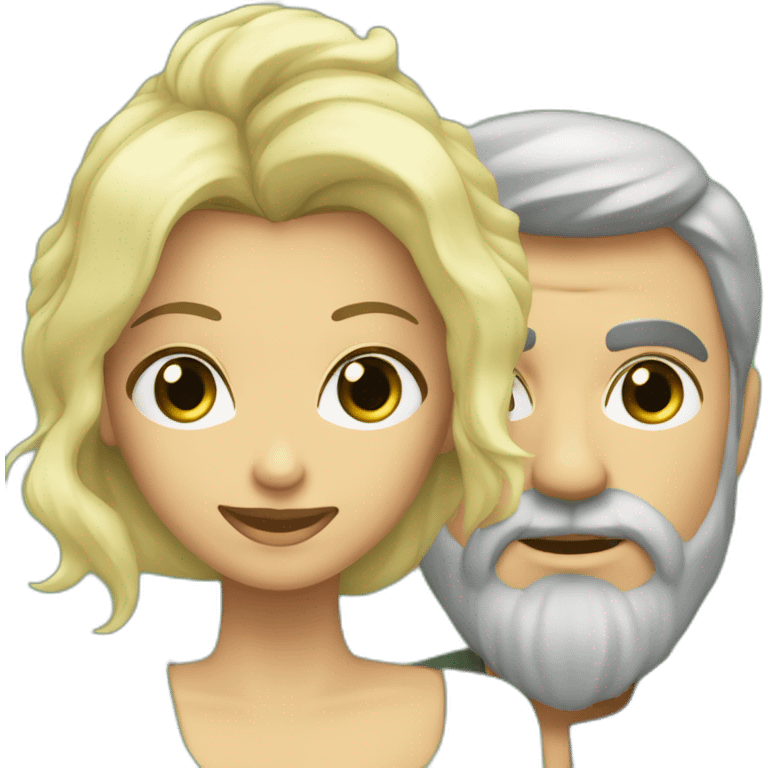 Mujer rubia con pelo ondulado y ojos verdes junto a hombre de pelo y barba gris y ojos verdes emoji