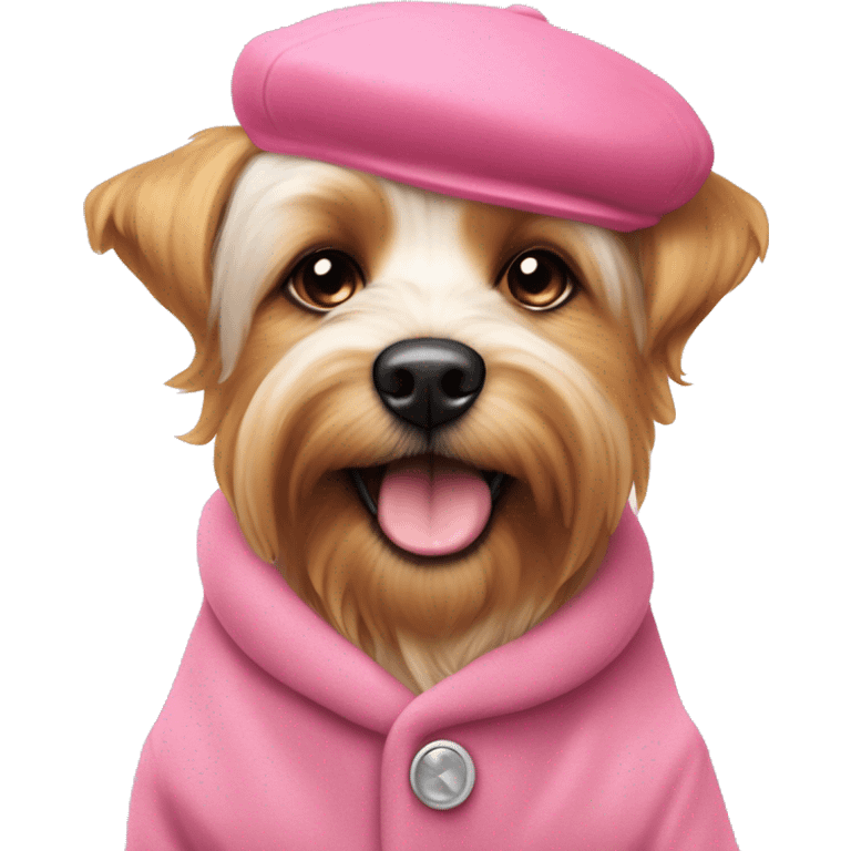 yorkshire dog with pink dog clothes and a pink beret ￼ emoji