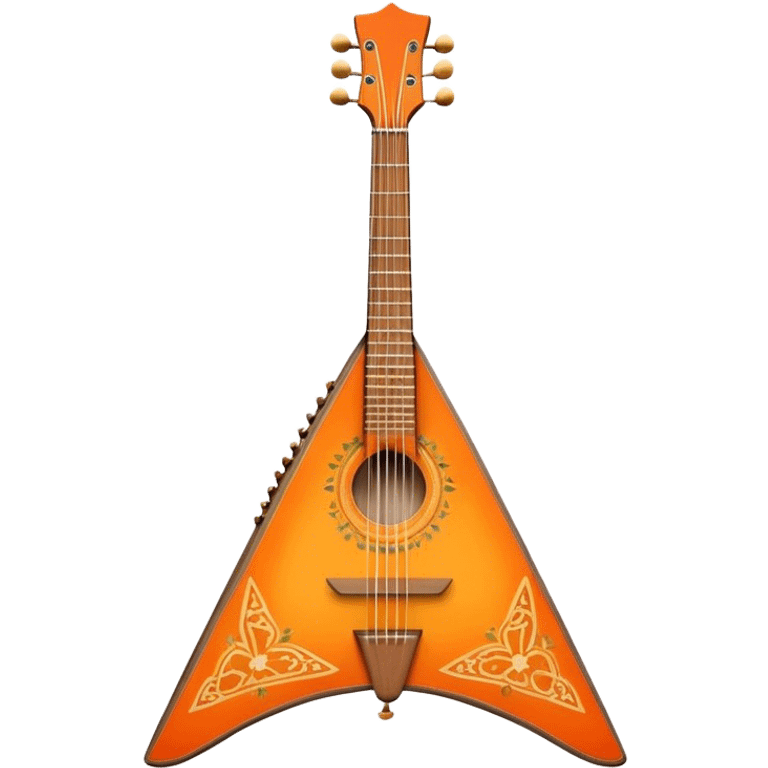 Create a vibrant and traditional emoji representing a three-stringed balalaika 'Prima.' The design should feature the characteristic triangular body of the balalaika with its three strings and visible tuning pegs. The woodwork should be simple yet elegant, reflecting the traditional Russian craftsmanship. Add subtle musical notes around the instrument to symbolize its cultural sound. Use rich, warm colors like natural wood tones, orange, and gold accents to convey its authenticity and musical heritage. The background should be transparent. emoji