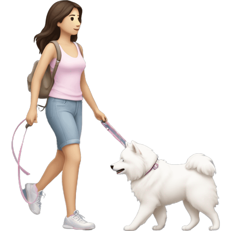 side profile full body view of brunette female with light pink skintone walking one samoyed dog on a leash in the same direction emoji