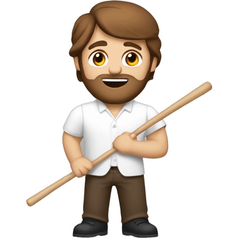 a long brown haired man with a light beard holding drum sticks in a white shirt and brown pants emoji