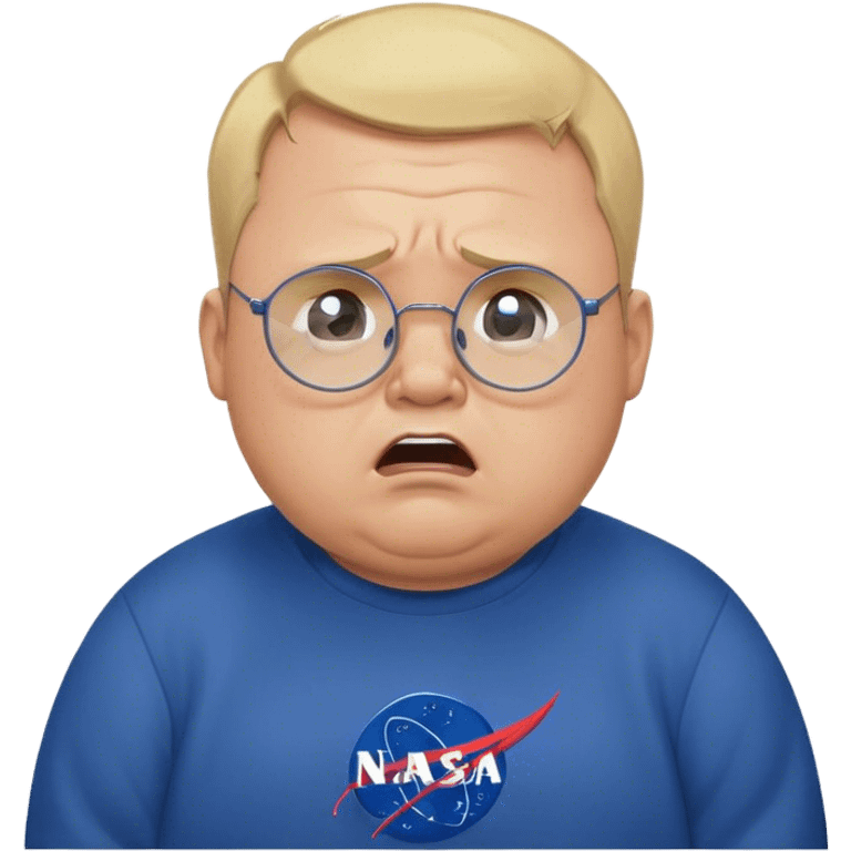 angry chubby man, crying like a kid,  blond short and hight receding hairline, wearing a dark blue sweatshirt, nasa logo on the sweatshirt, round glasses without frame, 40 years old emoji