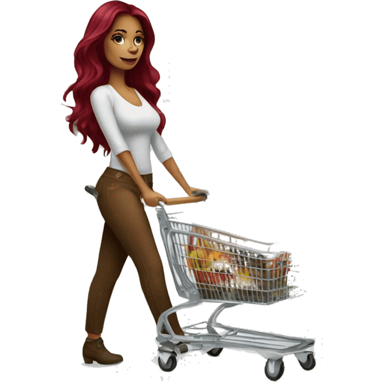 Beautiful tattooed burgundy long haired woman pushing shopping cart emoji