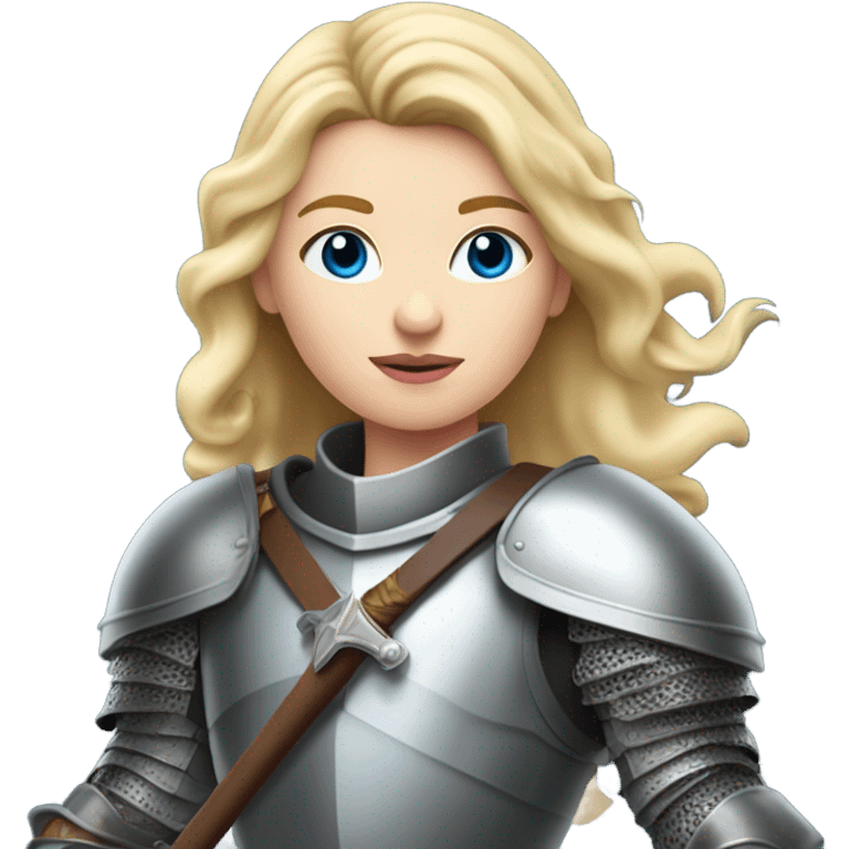 White girl with blonde hair standing dressed as a knight with  a sword in her hand and her hair is blowing in the wind. She has full, pink lips and blue eyes. emoji