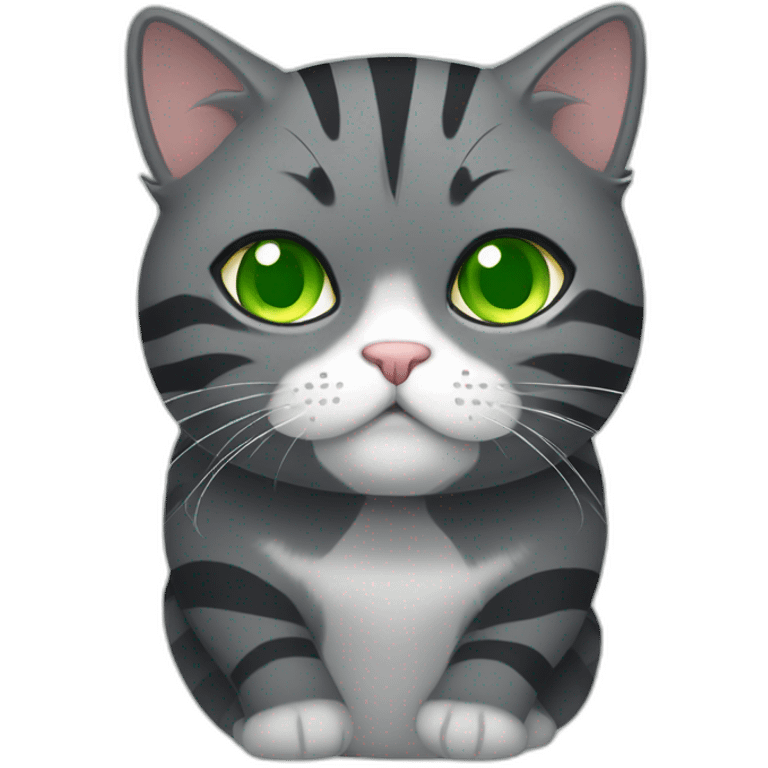 Grumpy Chubby Striped dark grey female cat with Green eyes and white chest emoji