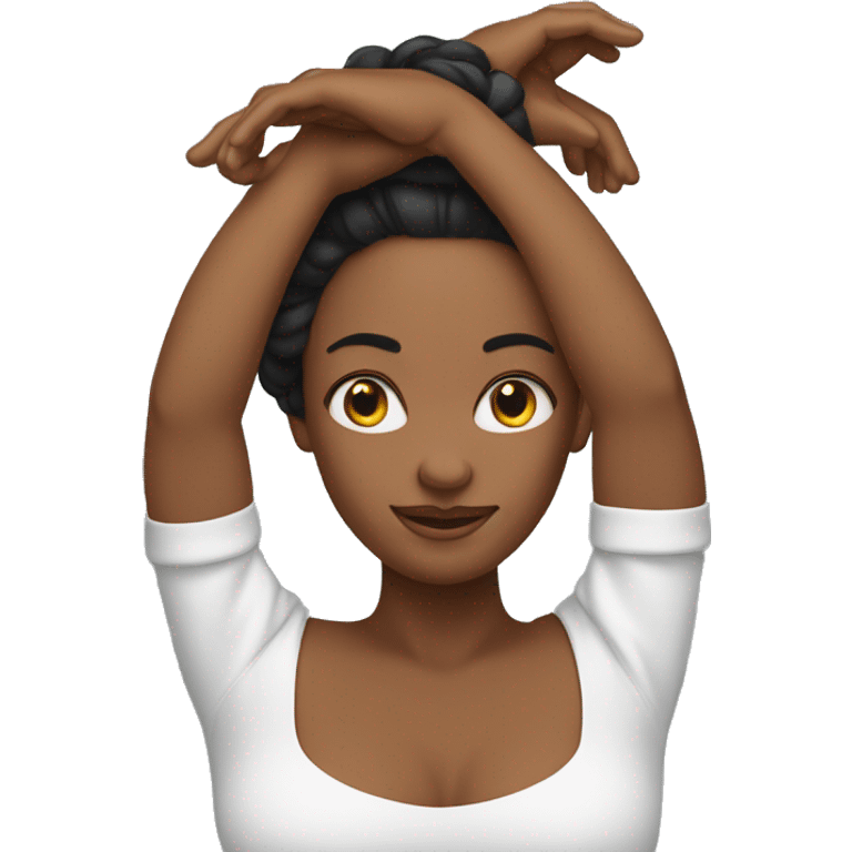 woman with both hands above her head, formed into a tria emoji