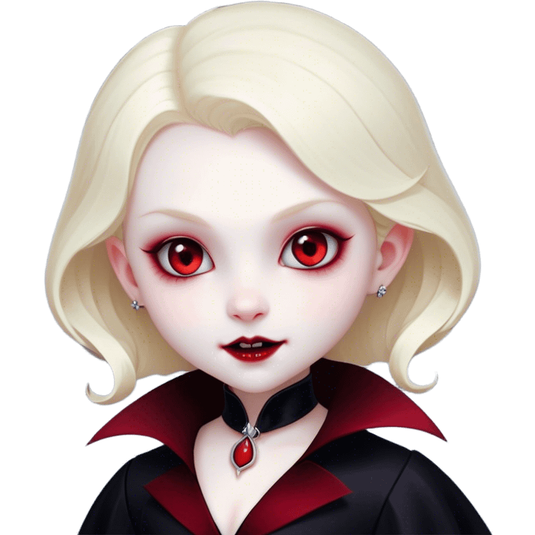 Cinematic Cute Vampire Portrait Emoji, with a refined yet playful small, rounded pale face accented by tiny, cute fangs and bright, twinkling eyes, sporting miniature elegant dark attire with a hint of crimson, simplified yet irresistibly charming, highly detailed with a soft glowing outline that captures the delightful duality of spooky sweetness and stylish allure! emoji