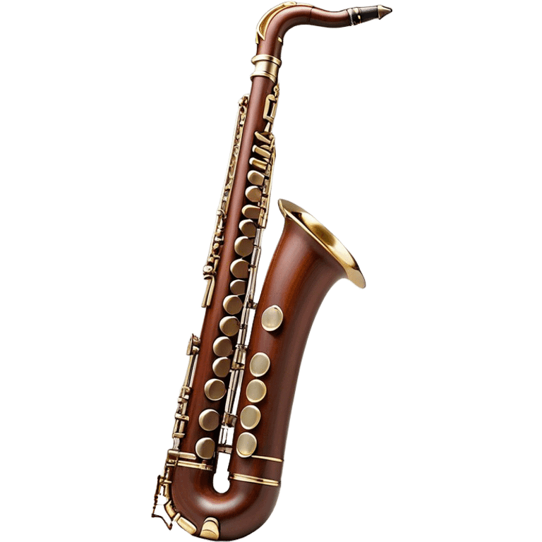 Create a detailed and elegant emoji representing a professional bassoon Oscar Adler. The design should showcase the long, slender wooden body of the bassoon with its distinct curves and metal fittings. Highlight the keywork and metal rings around the joints, with subtle light reflections on the wood to give it a polished appearance. The top of the bassoon should have the characteristic metal bell, and the reed should be clearly visible at the mouthpiece. Use warm wood tones like deep brown and mahogany for the body, with silver or brass accents for the metal parts. Add soft musical notes or soundwaves around the instrument to evoke its rich, deep sound. The background should be transparent. emoji