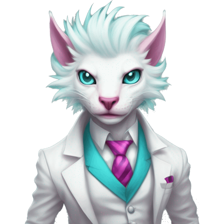 White elegant beautiful natural cute badass epic anthro modern albino Trico-vernid-Fakémon with cyan mane and magenta eyes with cyan edgy stripes, anthropomorphic, two-legged, digitigrade, full body emoji