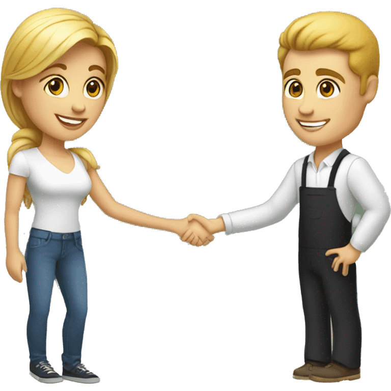 an adult restaurant owner and a young blogger shake hands, both with white skin, in great detail, in full height emoji