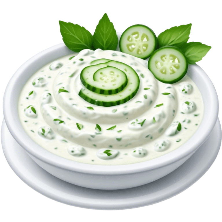 Cinematic Realistic Tzatziki Dish Emoji, featuring a creamy, tangy yogurt sauce with cucumber and herbs rendered with soft textures and cool, refreshing lighting. emoji