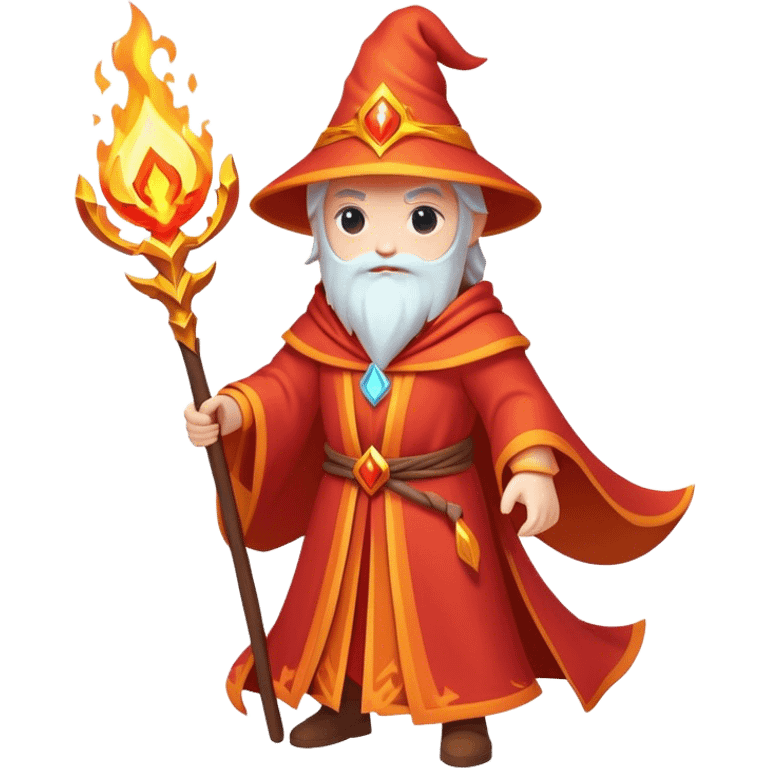 Clash of Clans aesthetic: Cinematic heroic powerful fire Wizard Hero  close up Emoji, rendered in a 3D vector-style similar to standard emojis with minimal shading and bold, simplified shapes. A compact, isometric figure draped in flowing enchanted robes and wielding a mystical staff, softly glowing with an arcane magical charm. Simplified yet unmistakably iconic, highly detailed and consistent, glowing with a soft radiant glow and high shine. Stylized with a touch of whimsical sorcery and a soft glowing outline, capturing the essence of a powerful wizard ready to cast spells with a friendly, playful spirit! emoji