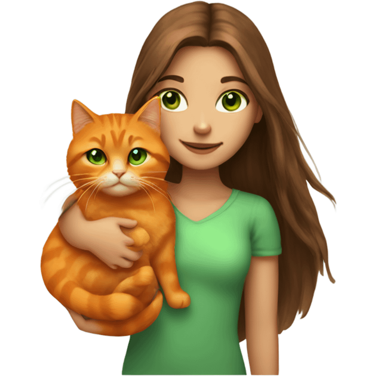 girl with long brown hair and green eyes holding a fluffy orange cat emoji