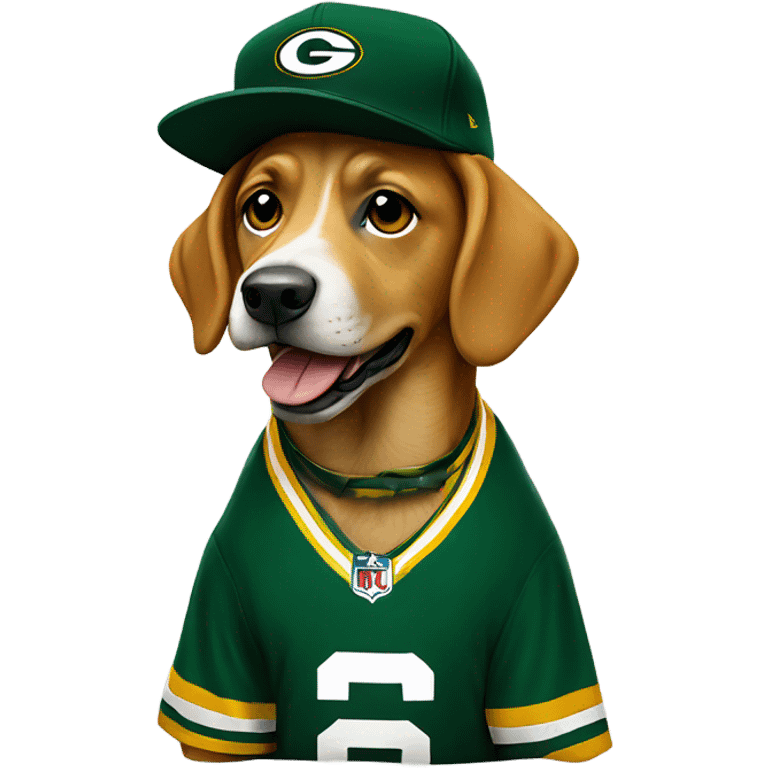 Dog wearing Green Bay packers jersey and hat emoji