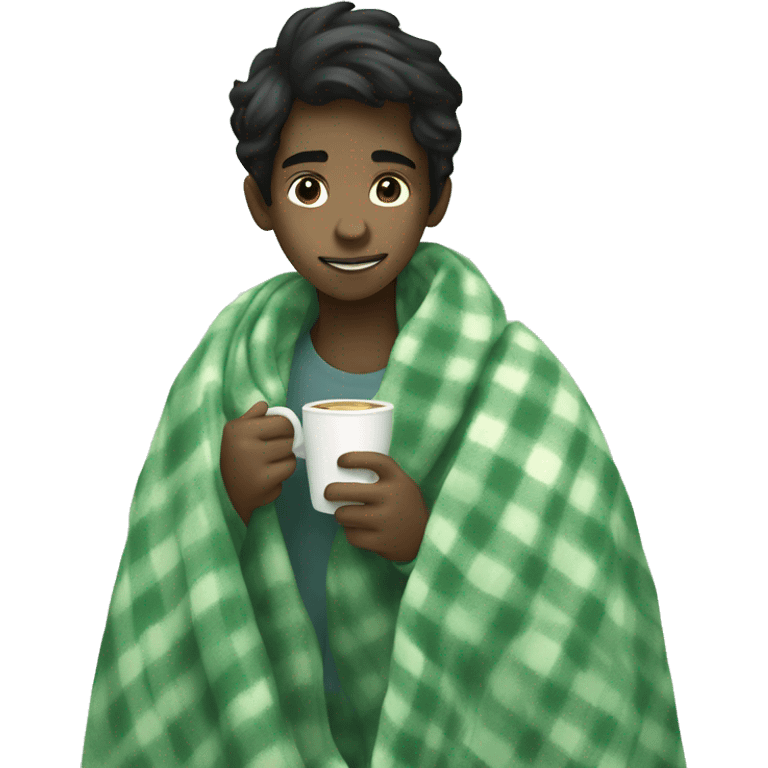 black hair boy wrapped in pastel green plaid blanket drinking coffee emoji