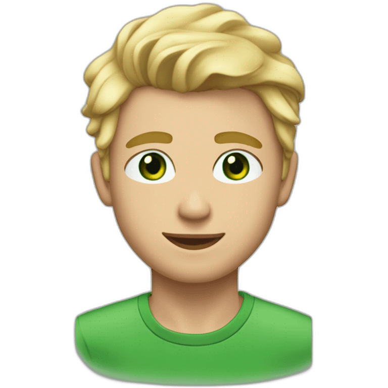 blonde twenty year old guy with side part brow-length wavy hair but buzzed on sides and back and green eyes emoji