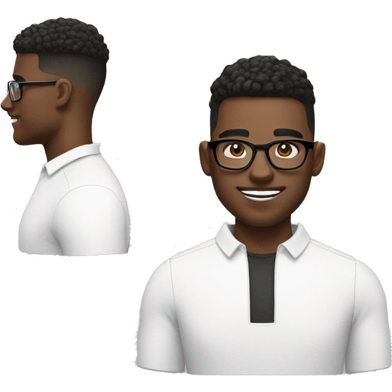 Black man with High top fade and bush eyebrows, white shirt and glasses with AirPods.  emoji