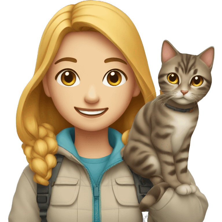 smiling girl in outdoor outfit and 2 cats emoji