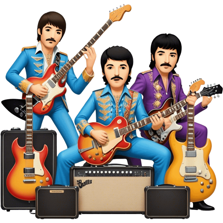 Rock music icon: dynamic collage of global rock legends like The Beatles, Jimi Hendrix, Elvis Presley, Freddy Mercury and Curt Cobane, surrounded by guitars, amplifiers, and stage lights. Symbolizing the energy and power of rock music. Transparent background. emoji