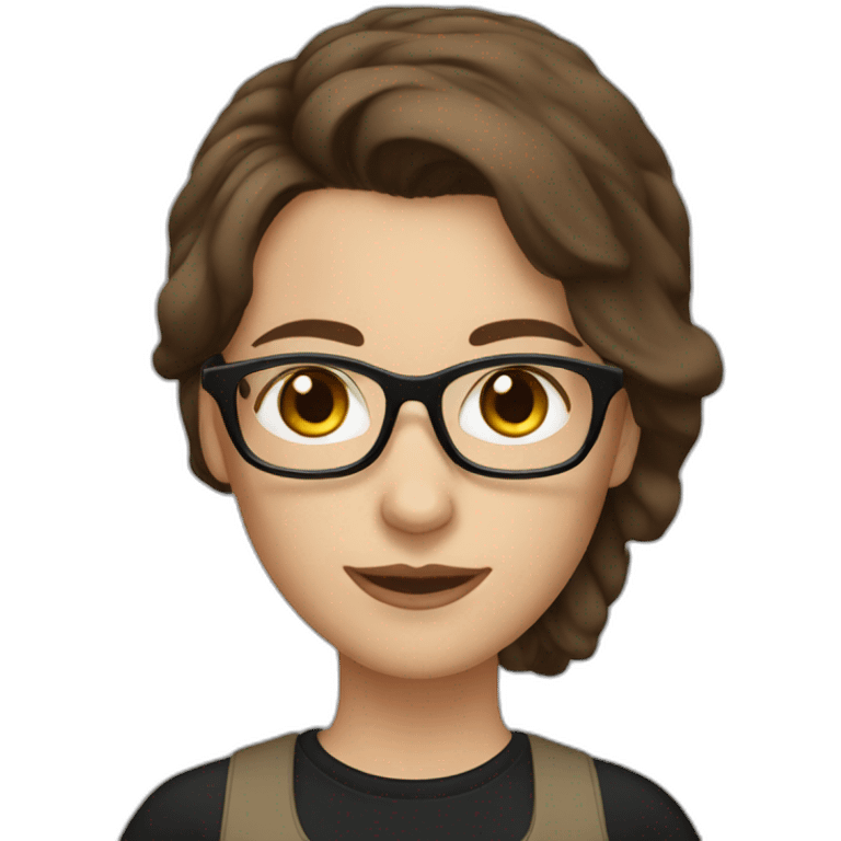 A White woman with medium dark brown hair wearing a brown glasses and black t-shirt emoji