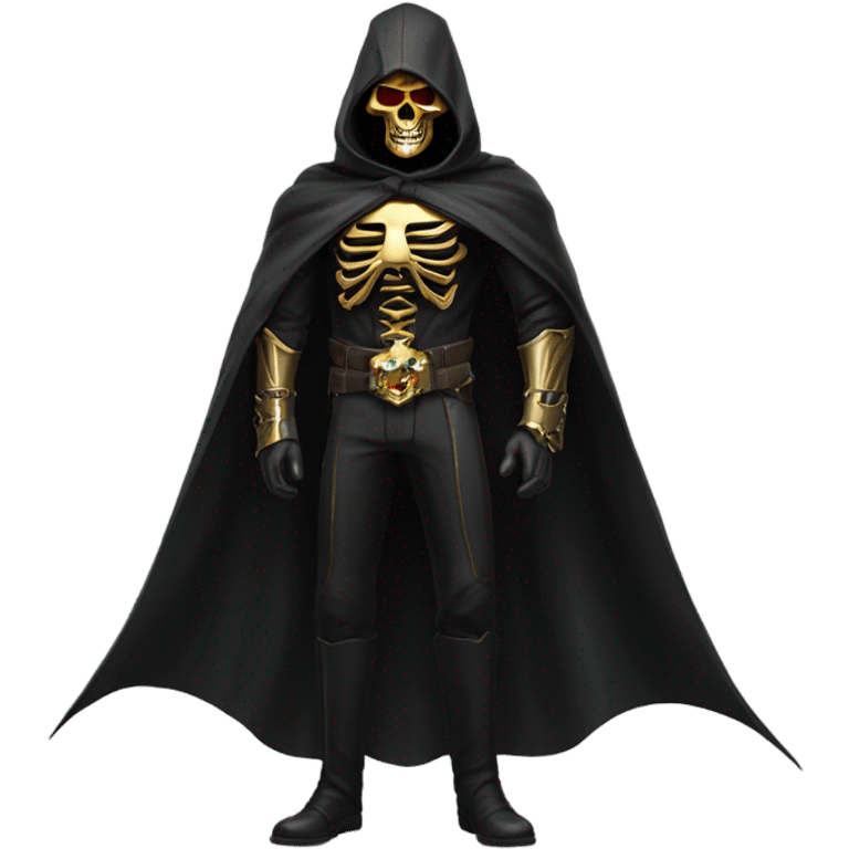 Bounty Hunter Boss with black cape and a gold skull jaw mask from death Stranding, full body view emoji