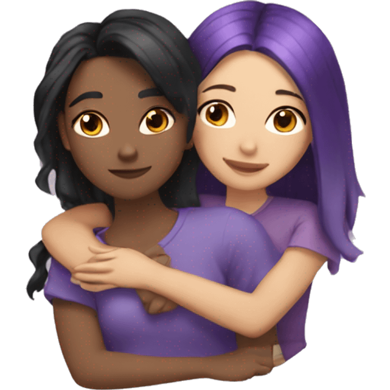 tan girl with black and purple hair hugging light skinned brunette girl emoji