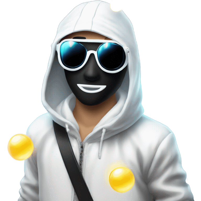 Caucasian boy at rave wearing a black mask and sunglasses and a white glowing outfit and glowing hat with bubble guns in each hand with bubbles all around emoji