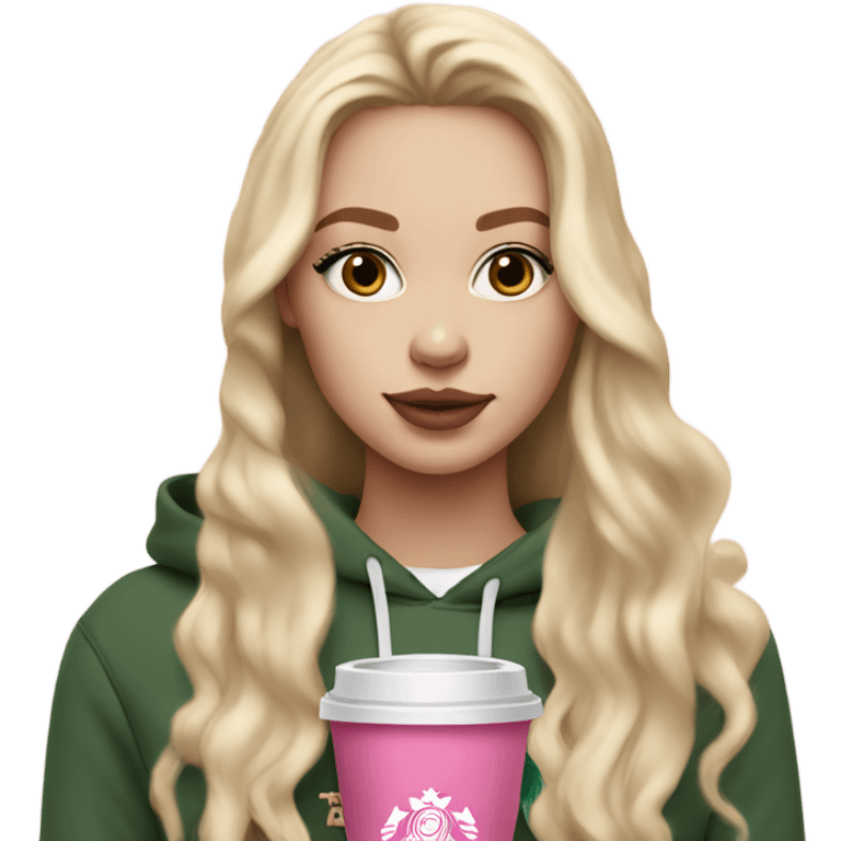 Light White skin girl with long blonde hair extensions with pink lips and lashes with a Starbucks in her hand and a beige hoodie on emoji