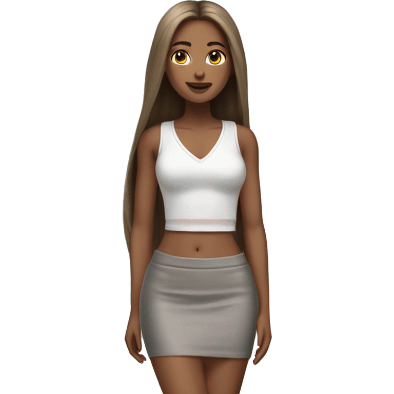 hyperrealistic caucasian brown , long straight hair, white deep v-neck crop tanktop, gray tight mini skirt emoji