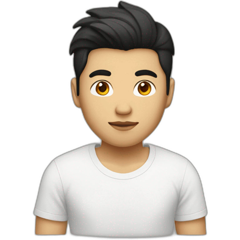 asian guy with blond hair and black hair roots, white tee shirt with fox logo emoji